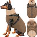 Queenmore Dog Coats for Large Dogs, Dog Jacket, Warm Fleece Winter DogCoat with Harness Built in, Back Zipper Pet Jacket for Large Breeds, Thick Fleece Lining Pet Snowsuit, Brown 2XL