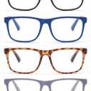FoxMook 4 Pack Reading Glasses, Large Square Spring Hinge Readers for Big Head/Large Face, Blue Light Blocking Lens Clear, Matte Black Blue Gray Tortoise 2.5, standard
