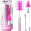 Electric Bottle Brush Cleaner, Portable Electric Baby Bottle Brush Cleaner for Travel, Rechargable Travel Bottle Cleaner Kit with Nipple & Straw Brush, Perfect Mom Essentials After Birth Gift, Pink (Round Model for Home Use)