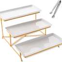 YOLIFE 3 Tier Serving Tray for Party, Display Fruit Dessert Tiered Tray Stand, 14 inch White Platters with Collapsible Sturdier Gold Iron Rack