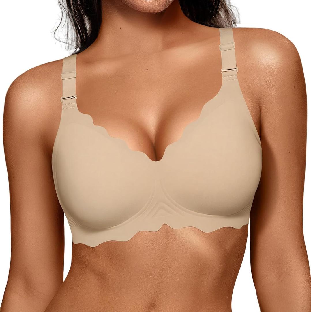 OEAK Women Jelly Bras No Underwire Scalloped Push Up Buttery Soft Tshirt Bra Seamless Full Coverage Convertible Everyday Bra, Medium, Semolina