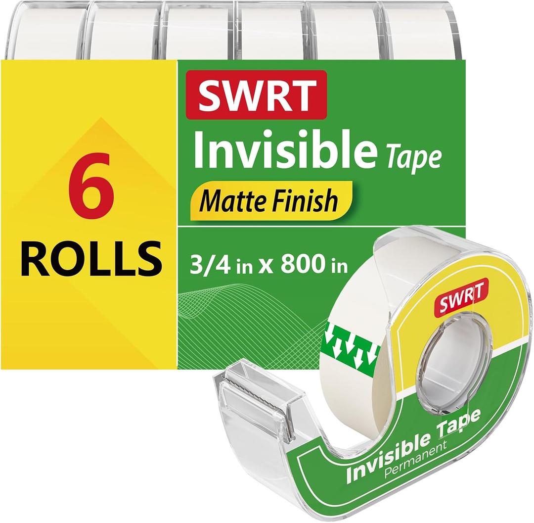 SWRT Invisible Tape with Dispensers, Matte Finish Clear Tape, 6 Rolls, 3/4 in x 800 Inches Each, Office Tape Rolls for Gift Wrapping, Home, School & Scrapbook Supplies