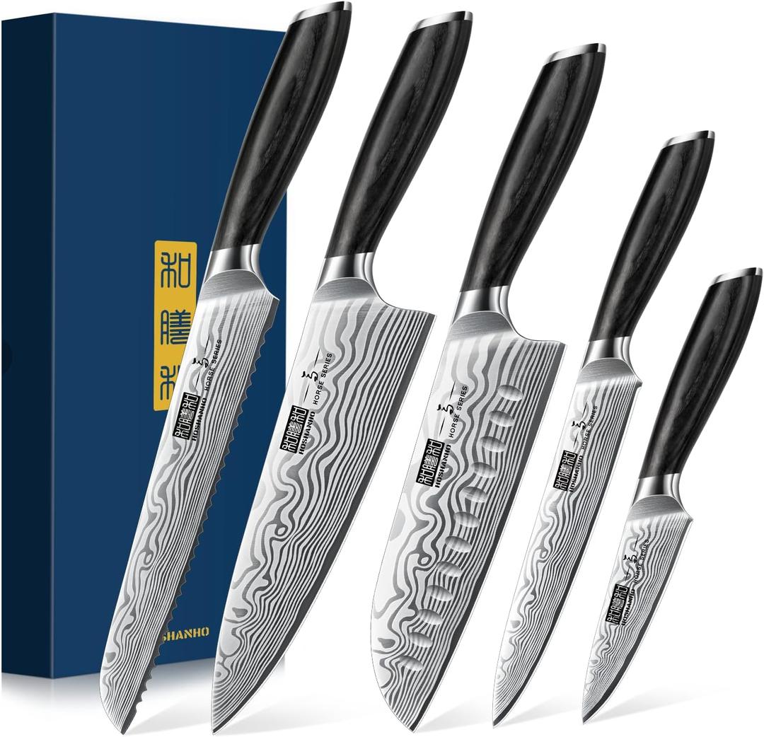 HOSHANHO 5 Pieces Knife Set, Professional Powder Steel Chef Knife Set, Ultra Sharp Japanese Kitchen Knives Set with Ergonomic Pakkawood Handle
