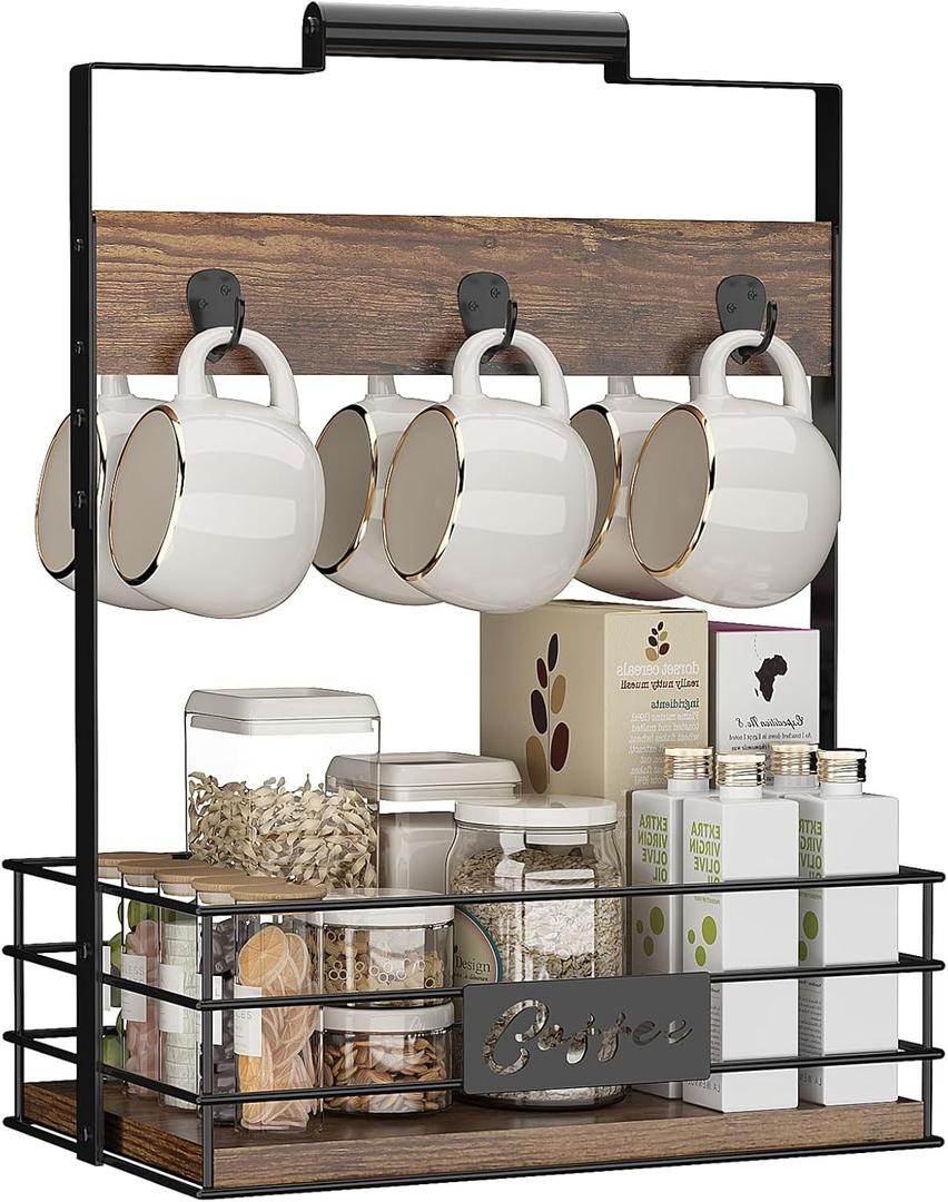 IBUYKE Coffee Mug Holder, Metal 6 Mugs Coffee Cup Holder with Storage Basket,Countertop, Coffee Bar Organizer Countertop Station,Large Mug Display Rack Stand for Kitchen Home Office UTBJ004H