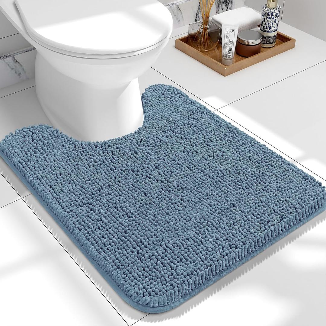 OLANLY Toilet Rugs U-Shaped 24x20", Extra Soft Absorbent Chenille Contour Bathroom Rugs for Toilet, Dry Quickly, Machine Washable, Non-Slip Bath Mat, Airy Blue