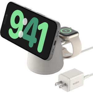 Belkin 2-in-1 MagSafe Wireless Charging Dock 15W Fast Charge iPhone Charger Compatible with iPhone 17, 16, 15, and 14 Series, AirPods, Pixel 10, and Other MagSafe Enabled Devices, PSU Included - Sand