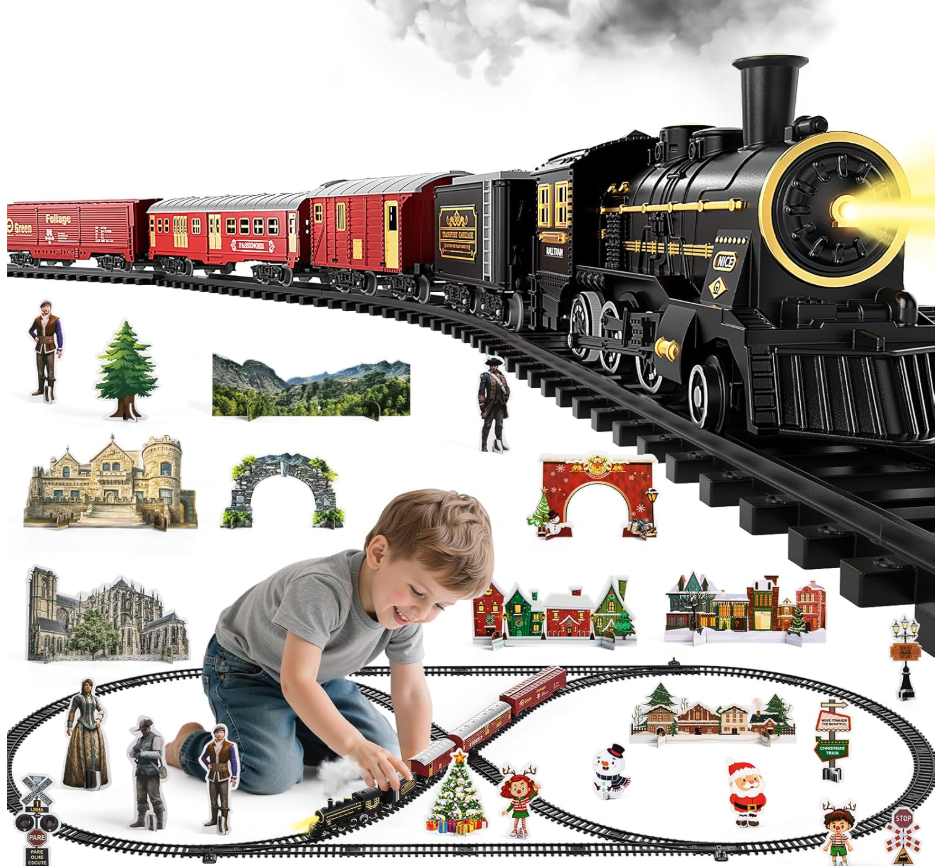 NIPLOOOW Train Set for Kids 3-5, Electric Train Toy with Realistic Sound, Lights and Smoke for Under Christmas Tree,Toddler Model Trains for 3 4 5 6 7 8 Years Old Kids Toys Gifts