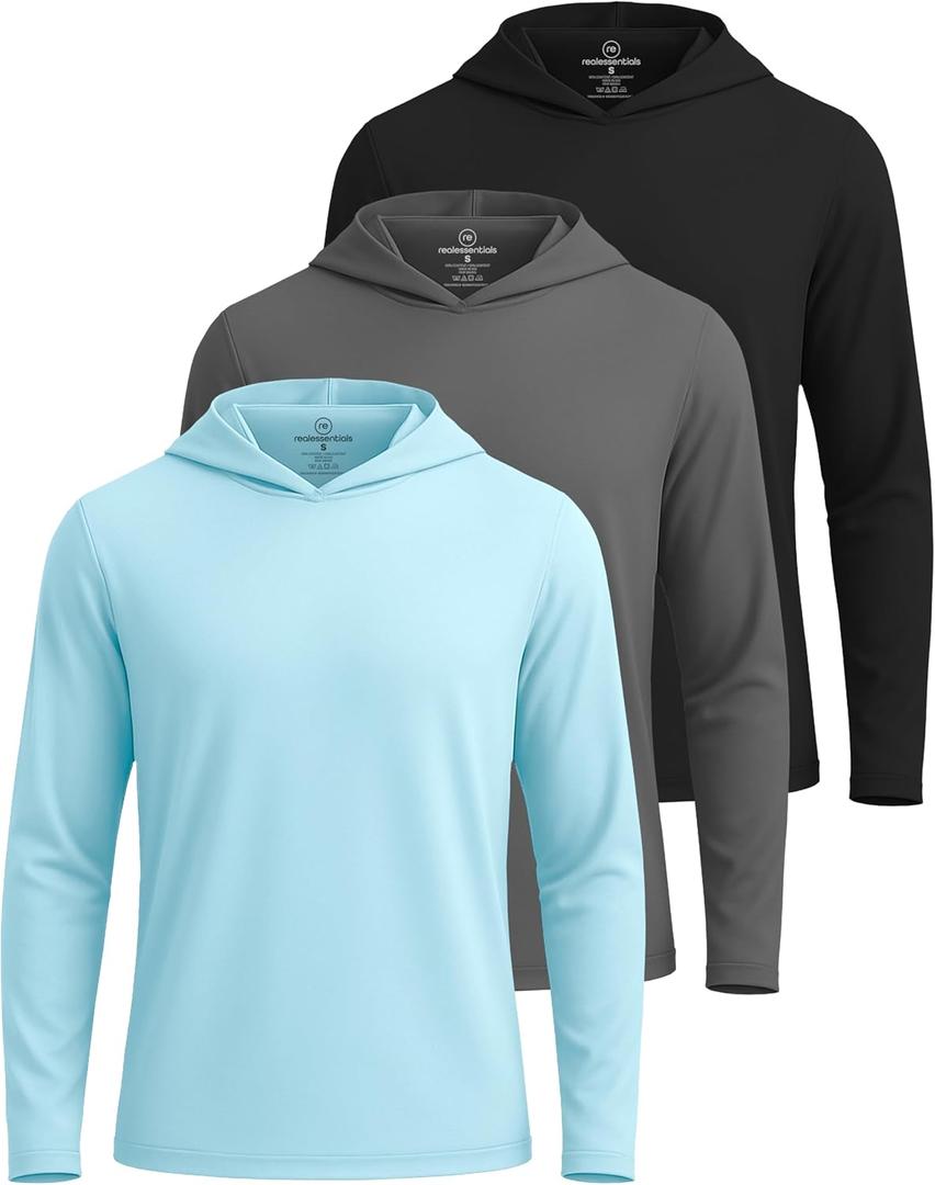 Real Essentials 3 Pack: Men's Dry Fit Wicking Long Sleeve Fishing Active Hoodie Pullover Sweatshirt (Big & Tall) (Black, XL)