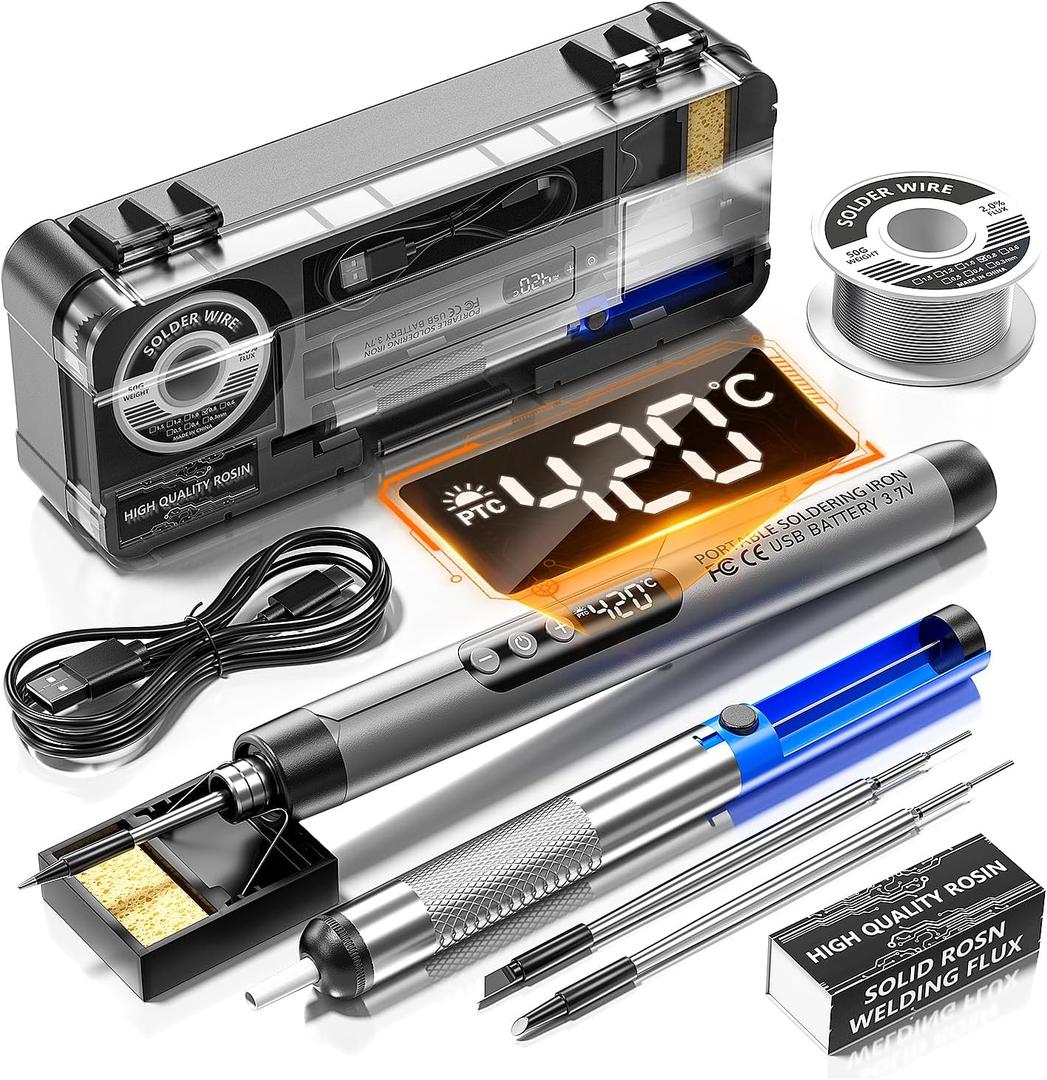 Cordless USB digital display rechargeable portable soldering iron, carrying temperature adjustment button, soldering lron wire, soldering iron holder, tin absorber, rosin, storage box