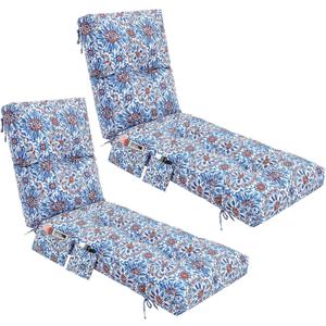 Kigley Outdoor 2 Pcs Chaise Lounge Cushions with Side Pocket 76x22x6 Thick Tufted Waterproof Patio Pool Lounge Chair Replacement Cushion Navy Blue Retro Fade Resistant for Furniture Lawn, Patterned
