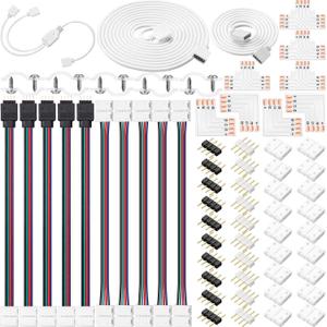 Honoson 5050 4 Pin RGB 10mm LED Strip Connector Kit RGB Extension Cable, LED Strip Jumper, 2 Way RGB Splitter Cable, L, T, Gapless, 4 Pin Male Connectors with Clips