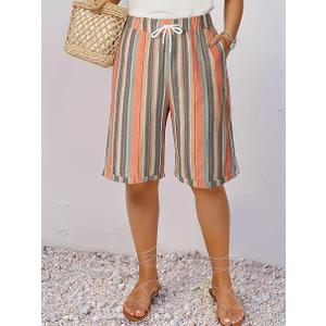 Womens Drawstring Elastic High Waist Plus Size Striped Print Summer Casual Loose Workout Lounge Shorts (Multicolor, 3X)
