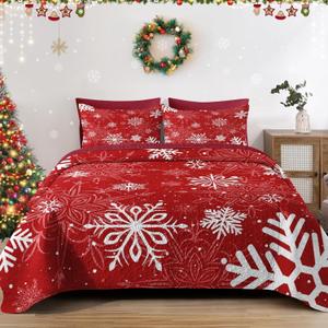 WeCozy Christmas King Size Quilt Set, Red Winter Snowflake Lightweight Bedspread Coverlet with Pillow Shams for Kids and Adults, Merry Xmas 3 Pcs Bedding Bed Cover