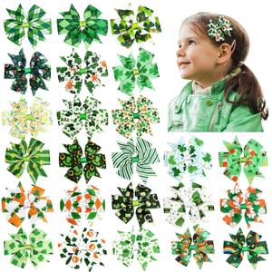 24 Pcs St. Patrick's Day Hair Bows Clips Shamrock Alligator Bow Hair Accessories Green White Clover Boutique Hair Clips Lucky Irish Party Bowknot Tree Hairpins Barrette for Girls
