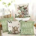 Happy Easter Bunny Pillow Covers Cross Hydrangeas Flower 18 x 18 Inch Throw Pillows, Spring Anniversary Celebration Seasonal Decorative Farmhouse Cushion Case for Sofa Couch Set of 4