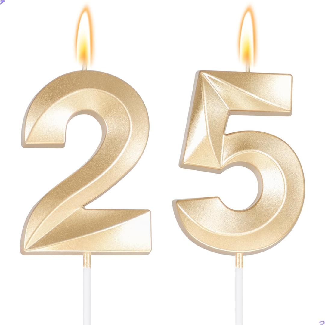 Large 2.76inch Gold Number 25 Candle, 25th Birthday Decorations for Men Women, 25th Birthday Candle for 25 Year Old Birthday Anniversary Her Him