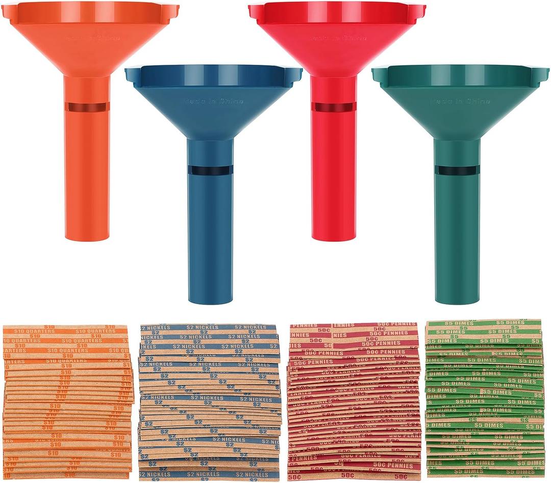 Coin Wrappers Assorted 100 Pcs & 4 Coin Sorters Tubes, Coin Rolls Wrappers for Penny, Nickel, Dime and Quarter