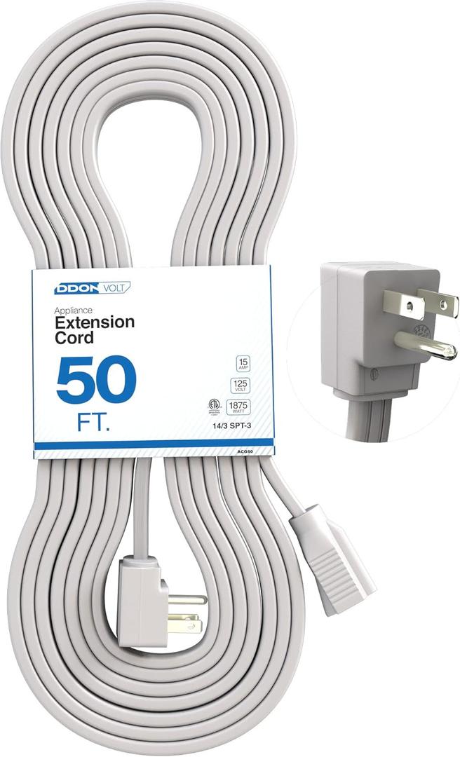 Appliance Extension Cord - 50ft Heavy Duty Gray Extension Wire for Air Conditioner, Refrigerator, & All Major Appliances - 14 Gauge High Voltage 3 Prong Flat-End Appliance Cord, for Indoor use