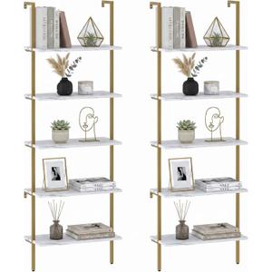 aboxoo Ladder Shelf 2PCS White Marble Bookshelf 5-Tier Wall-Mounted Wood Rack Open Industrial Modern Plant Flower Stand Utility Organizer Bookcase Metal Frame Furniture Office Kitchen Bedroom