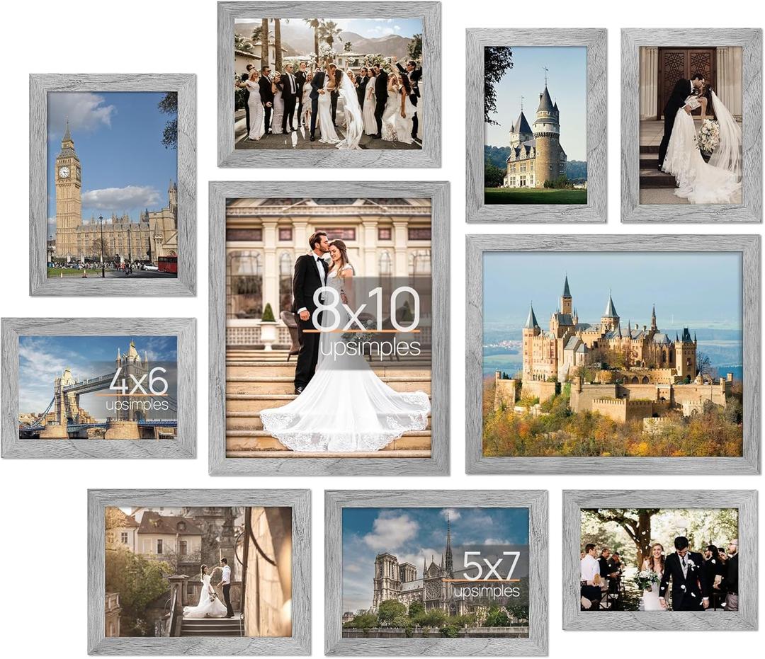 upsimples 10 Pack Picture Frames Collage Wall Decor for Mounting or Tabletop Display, Photo Gallery Frame Set for Family, Multi Sizes Including 8x10, 5x7, 4x6, Gray