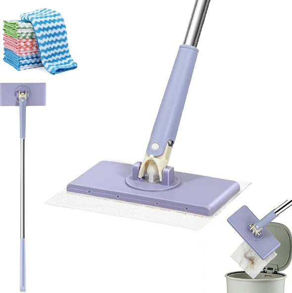 Snap Grip Mini Mop,Cloth Changing Mini Mop,27inch Long Handle Mopping Stick,360 Swivel Head,Dry and Wet Use,Ideal for Tight Corners,Tile,and Hardwood(Purple,6 Cloth)