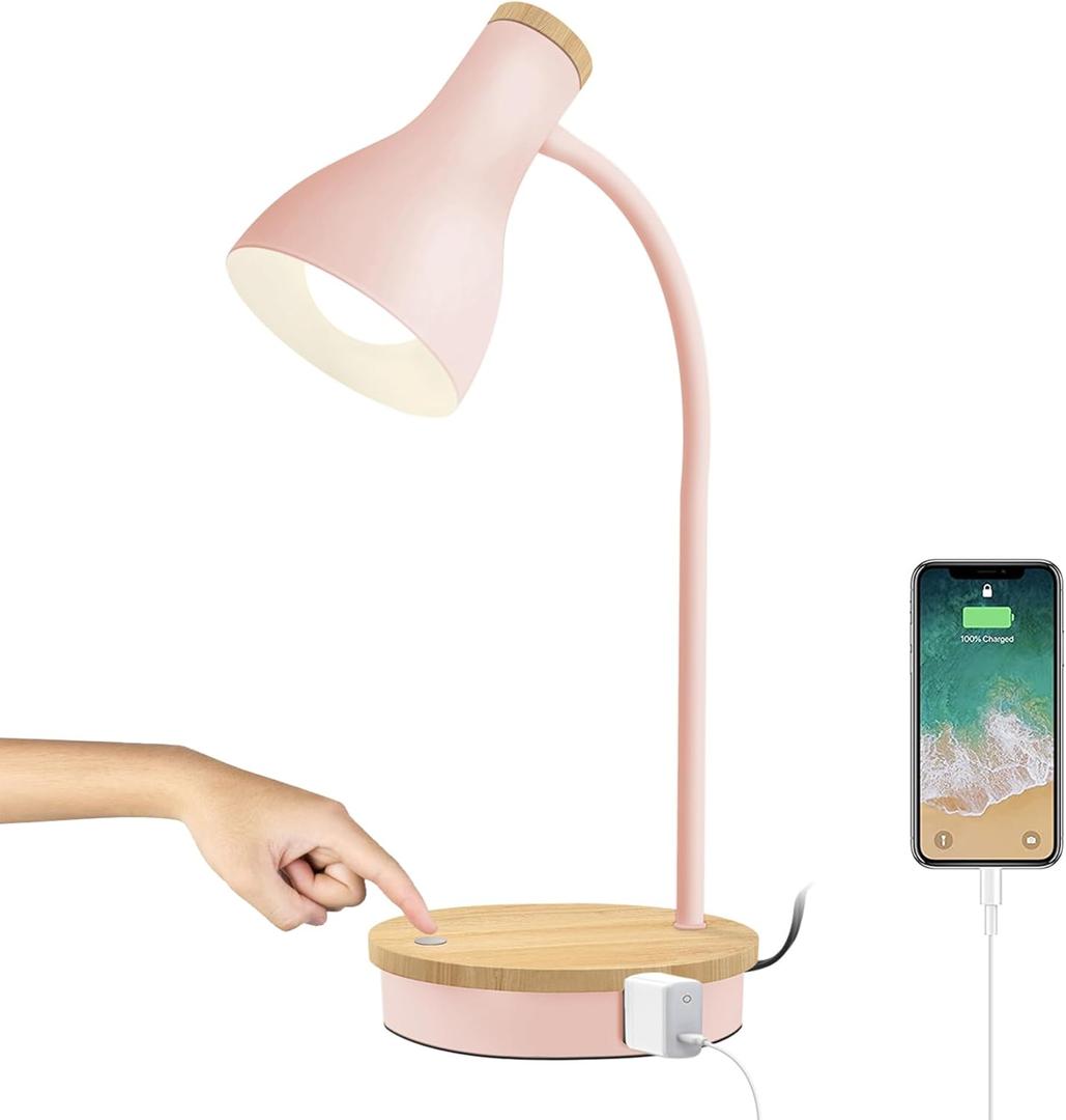 Metal Desk Lamp Wireless Charging Table Lamp Touch Reading Lights Arc Desk Lamps for Bedroom, 3 Way Dimmable Bedside Lamp with USB Charging Ports Lamp for Study Room and Office (Touch-Pink)