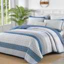 WONGS BEDDING Blue Quilt Queen Size, Bohemian Stripe Quilt Sets 3 Pieces Boho Quilted Bedspread Set Lightweight Microfiber Coverlet Bedding Set All Season (96"x90")