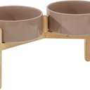 Havniva Ceramic Raised Dog Bowl with Stand for Medium and Large Breed Dog Dish Pet Food and Water Bowl (Double Bowl with Stand - Brown Coffee, 8" D)