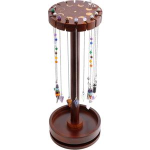 Moon Phase Pendulum Display Stand with Tray, Wood Wiccan Rotating Crystal Holder for Up 16 Divination Dowsing Pendulums, Witch Organizer for Necklace Healing Stone Gift Rack