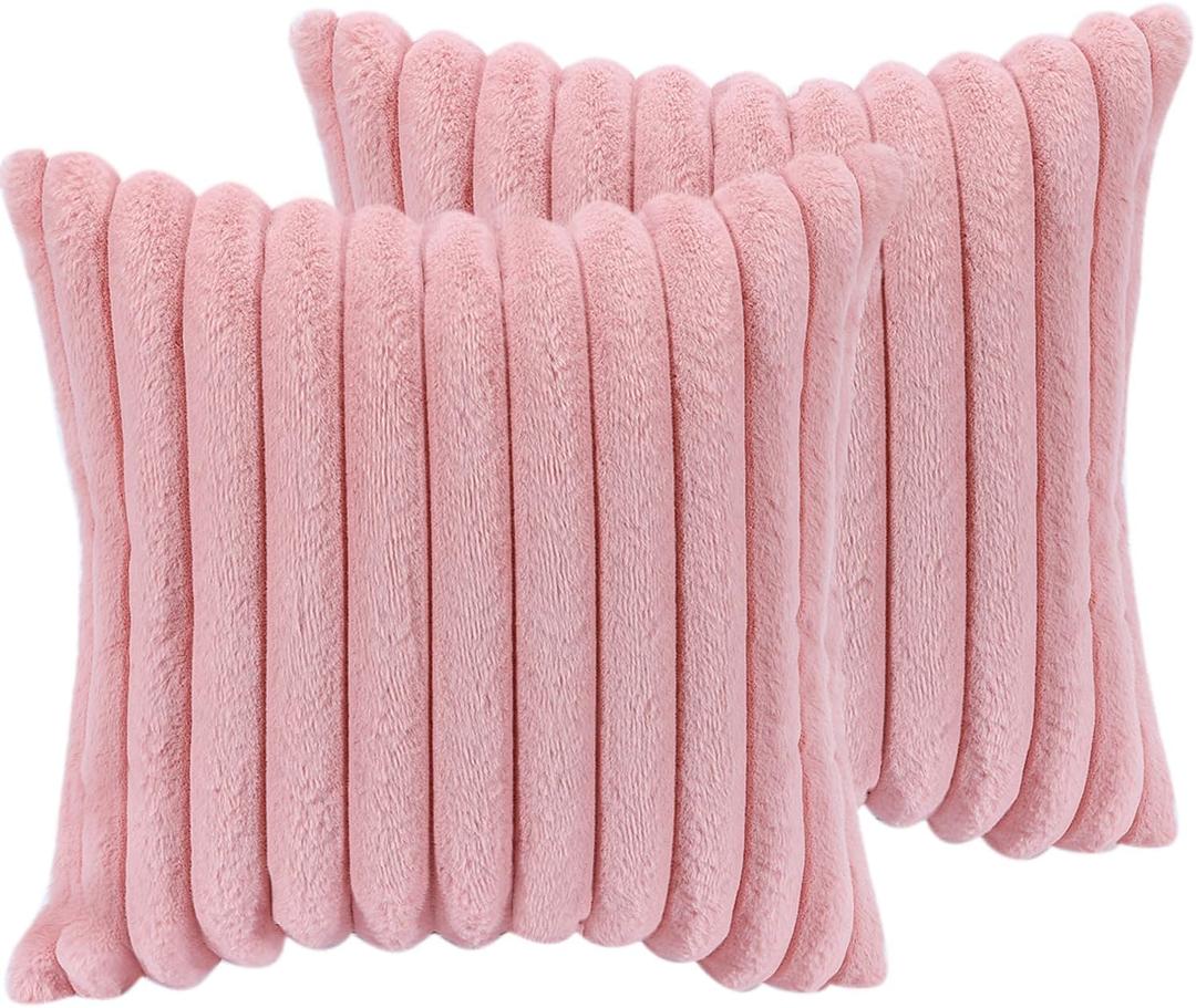 18x18 Throw Pillow Covers Set of 2, Decorative Faux Fur Covers for Bed, Couch Soft Fluffy Pillow Cover with Velvet Back for Living Room, Neutral Home Décor Accent for Sofa - Pink