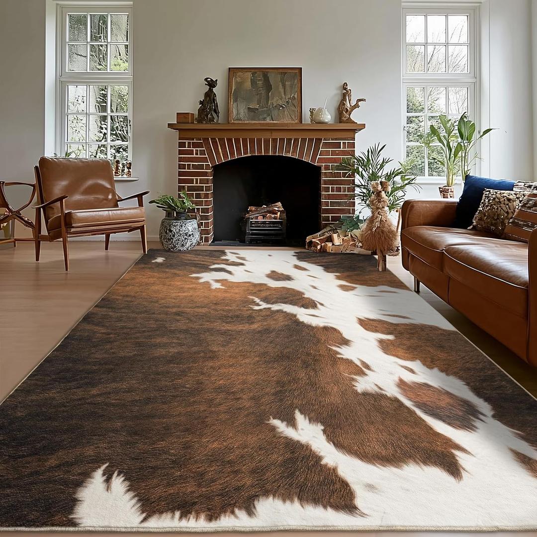 Cowhide Rug Area Rugs for Living Room, 6x9 Cow Print Rug Machine Washable for Bedroom Dining Room Western Home Decor Non-Slip Low Pile Indoor Floor Carpet