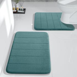 Yimobra U-Shaped Toilet Bath Mat Set 2 Piece - Super Soft Absorbent Quick Dry Memory Foam Bathroom Rugs, Machine Washable Non Slip Floor Carpet for Tub Shower & Single Sink (17x24 & 24x20, Teal)