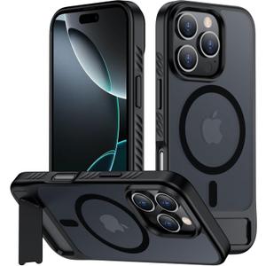 hitfine for iPhone 16 Pro Max Case with Kickstand,[Compatible with Magsafe] Slim Translucent Matte Military-Grade Protection & Anti-Yellowing,Magnetic Phone Case for iPhone 16 Pro Max, Black