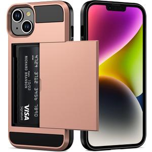 Vofolen for iPhone 14 Case Wallet Credit Card Holder ID Slot Sliding Door Hidden Pocket Men Women Anti-Scratch Dual Layer Hybrid Bumper Armor Protective Shell Back Cover for iPhone 14 6.1" Rose Gold