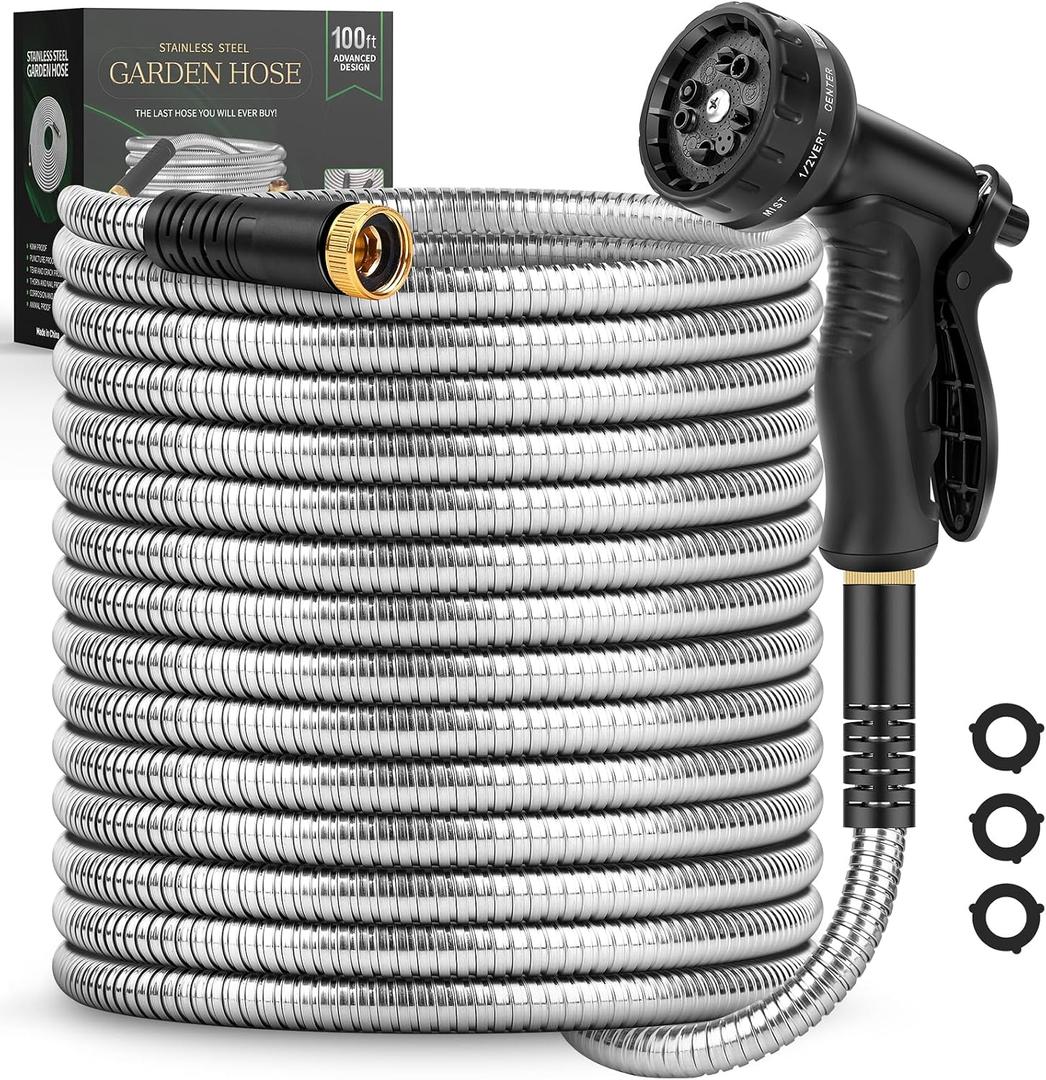 Itsonestep Garden Hose 100 FT, Metal Stainless Steel Water Hose with 10 Function Nozzles, No Kinks, Flexible Hose, Lightweight, Puncture Proof, Heavy Duty Hose for Yard and Outdoor, Silver