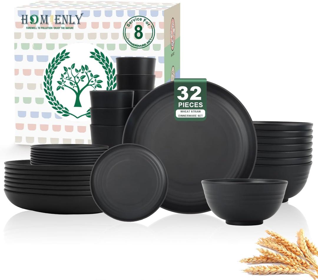 Homienly Wheat Straw Plates and Bowls Sets, Dishes Set for 8, Wheat Straw Dinnerware Set for Kitchen 32-Piece - Deep Plates Sets, Cereal Bowls with Drinking Cups, Microwave and Dishwasher Safe, Black