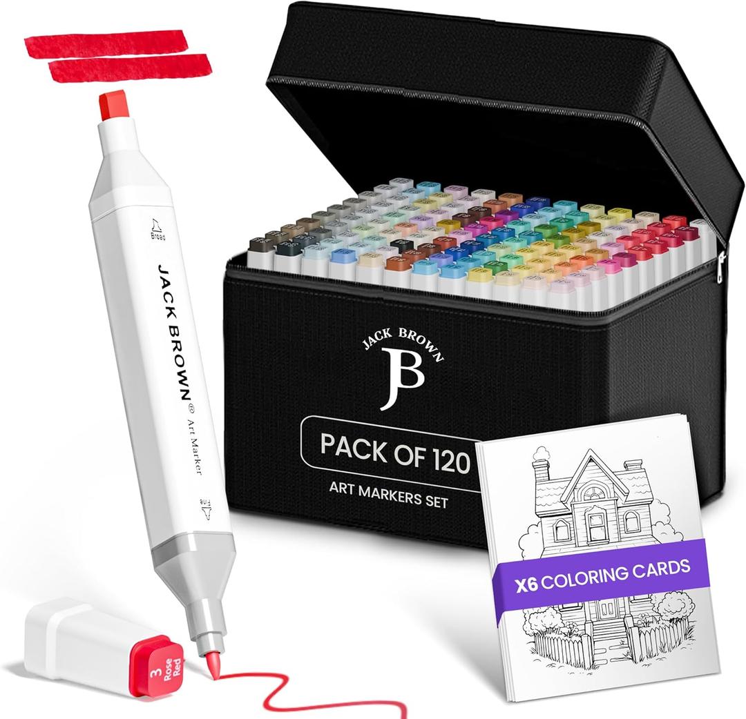 JACK BROWN 120 Colors AlcoholMarkers Set with Fine & Chisel Dual Tip - Professional Art Markers for Adults & Kids, Perfect for Drawing, Sketching, Coloring & Animation - Includes Durable Marker Case