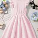 Girl Summer Striped Dress Ruffle Sleeve A Line Swing Casual Midi Dresses Pink 11-12Y (Pink)