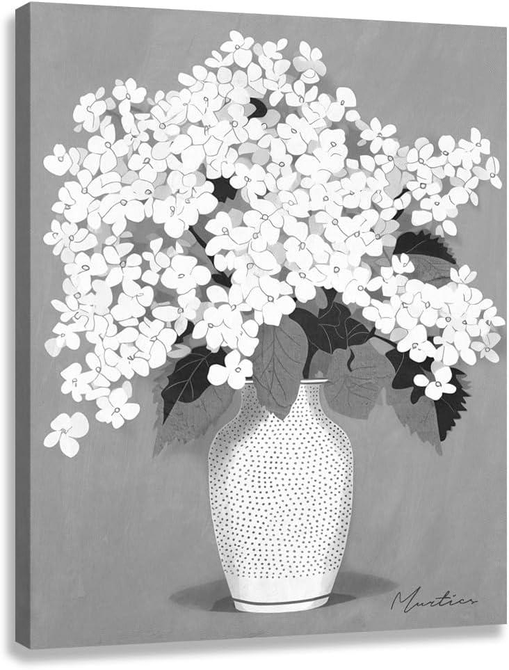 Woxfcart Hydrangea Flower Canvas Wall Art, White Floral Picture on Vase Print for Simple Gray Living Room Bedroom Decor 32 x 24 Inch