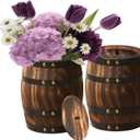 Wood Wine Barrel Vase 2 Pcs 8" x 6.5" Vintage Flower Vase Container Rustic Barrel Planter for Wedding Reception, Table Decoration, Home Indoor/Outdoor Garden, Kitchen, Party