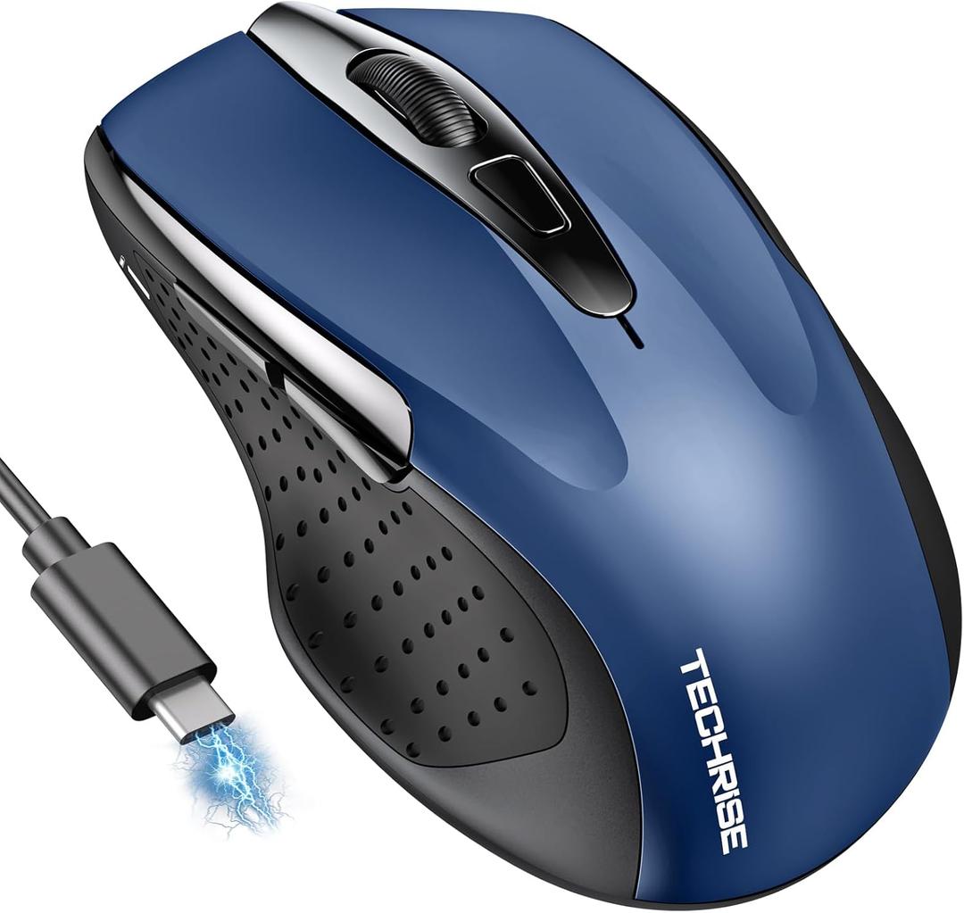 TechRise Bluetooth Mouse (BT5.0/3.0 & 2.4G) Rechargeable Wireless Mouse, 4800 DPI Optical Tracking, 6 Adjustable DPI, 2.4GHz with USB A Receiver, Quiet Clicks, Ergonomic Grips, 6 Buttons - Blue