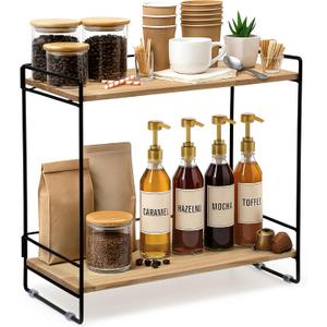 Wooden Coffee Bar Rack  2-Tier Countertop Organizer with Detachable Back Rails  Minimal Scandinavian Design Storage Shelf for Kitchen, Office, Coffee Station, Bar & Bathroom