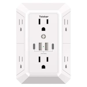 Multi Plug Wall Outlet Surge Protector - Teiobar Outlet Extender with 6 Outlets and 4 USB Ports(2 USB-C), Outlet Splitter for Home Office Dorm Room Essentials, ETL, White