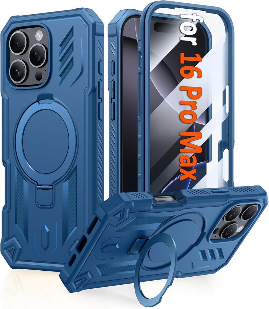 FNTCASE for iPhone 16 Pro-Max Case: Magnetic Phone Cases with [Ring Kickstand] [Built-in Screen Protector] [Heavy Duty Military Grade Protection] Shockproof Full Body Protective Hard Cases Blue