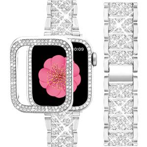 SUPOIX Compatible with Apple Watch Band 38mm + Case, Women Jewelry Bling Diamond Metal Bands & 2 Pack Protective Cover Cases for iWatch Series 3/2/1(Silver/38mm)