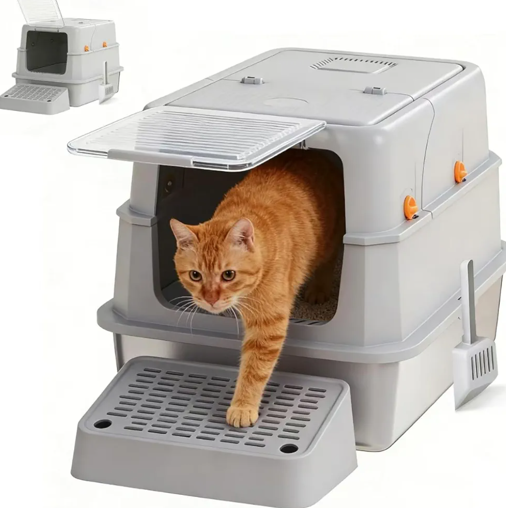 Stainless Steel Cat Litter Box - Gray High-Sided Enclosed Design, Anti-Leak, Reduces-Odors, Non-Sticky, Easy to Clean, Metal Cat Litter Box, High Side Includes Scoop and Steps, Large Capacity Kitty