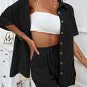 APAFES Women Summer Cotton Linen Short Sets 2 Piece Shorts Top Lounge Beach Vacation Two Piece Outfits Tracksuits (Black, M)