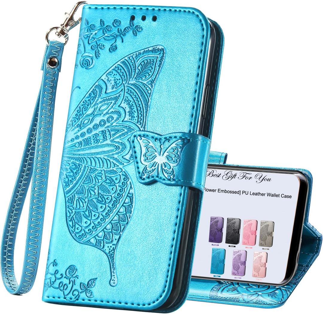 for Samsung Galaxy A15 5G Phone Case Wallet,Women Flip Folio Cover Credit Card Holders Emboss Butterfly Flower PU Leather Purse Wrist Strap Kickstand Case for Samsung Galaxy A15 5G Blue