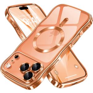 GVIEWIN for iPhone 17 Pro Max Case [Compatible with MagSafe][Upgraded Full Camera Protection][Cute Wave Frame] Glossy Slim Shockproof Protective Magnetic Phone Case for 17 Pro Max 6.9'', Clear/Orange
