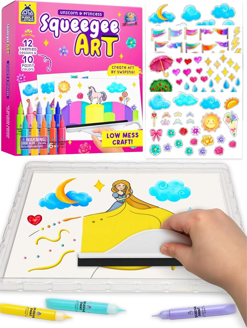 2 x Squeegee Rainbow Squeeze Art Kit for Kids - Princess & Unicorn Design | Kids Stickers Included, Mess Free Paints, Girls Birthday Gifts Age 6-7 8 10, Develops Fine Motor Skills, STEAM Activity, Compact